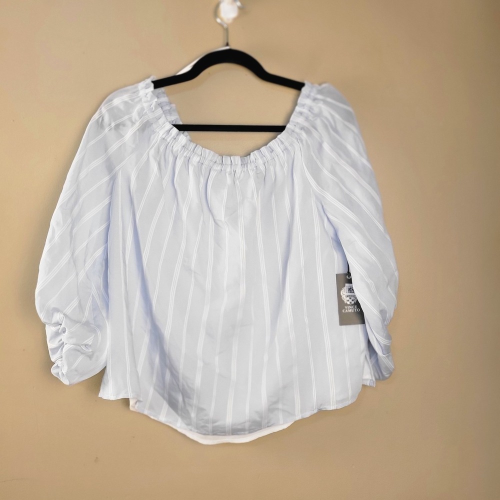 Vince Camuto Off Shoulder Blouse Womens Medium Blue White Stripe Bubble...‎